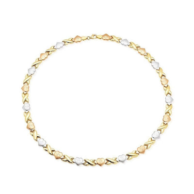 10K Tri-Color Gold Hearts, Hugs & Kisses XO Necklace (Hollow) 17.5"