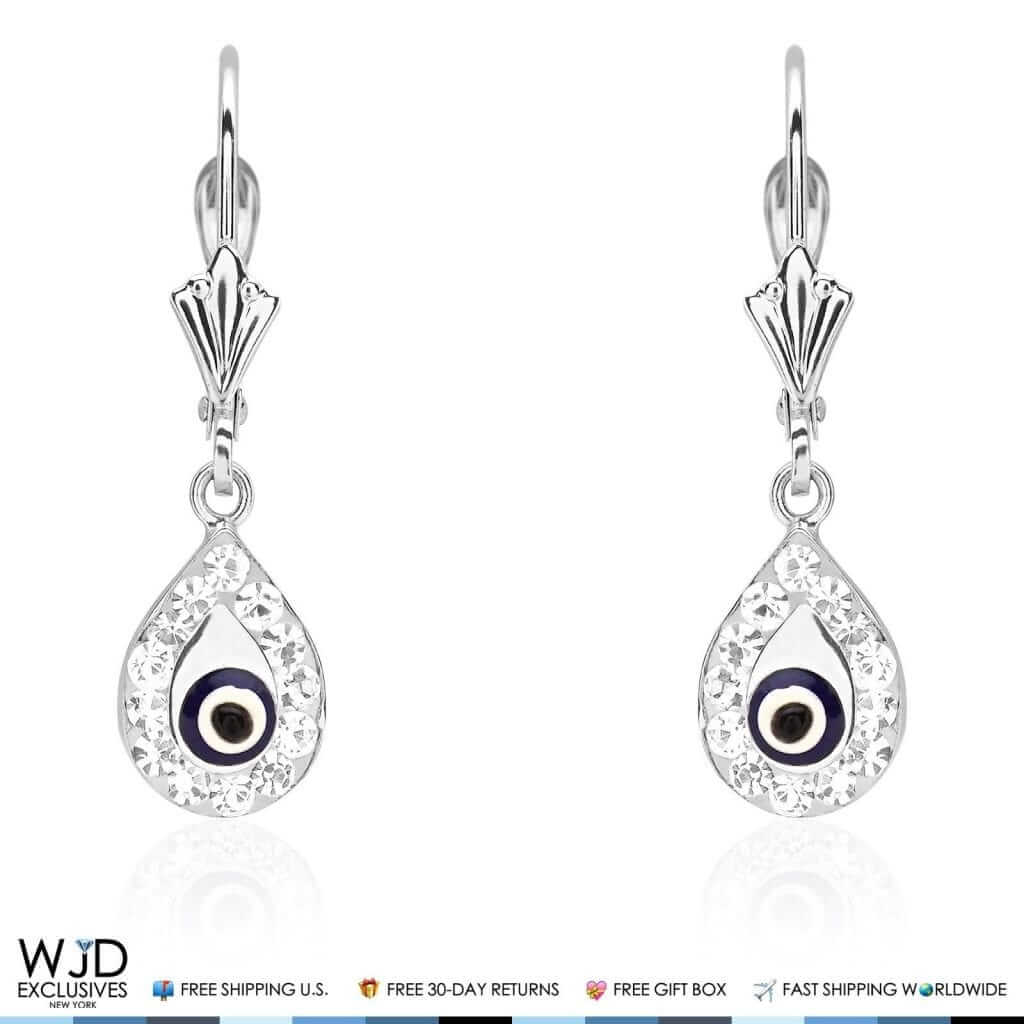 14K White Gold CZ Evil Eye Teardrop Leverback Dangle Earrings