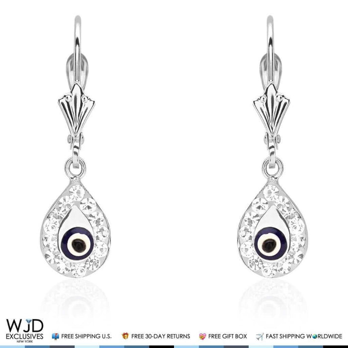 14K White Gold CZ Evil Eye Teardrop Leverback Dangle Earrings