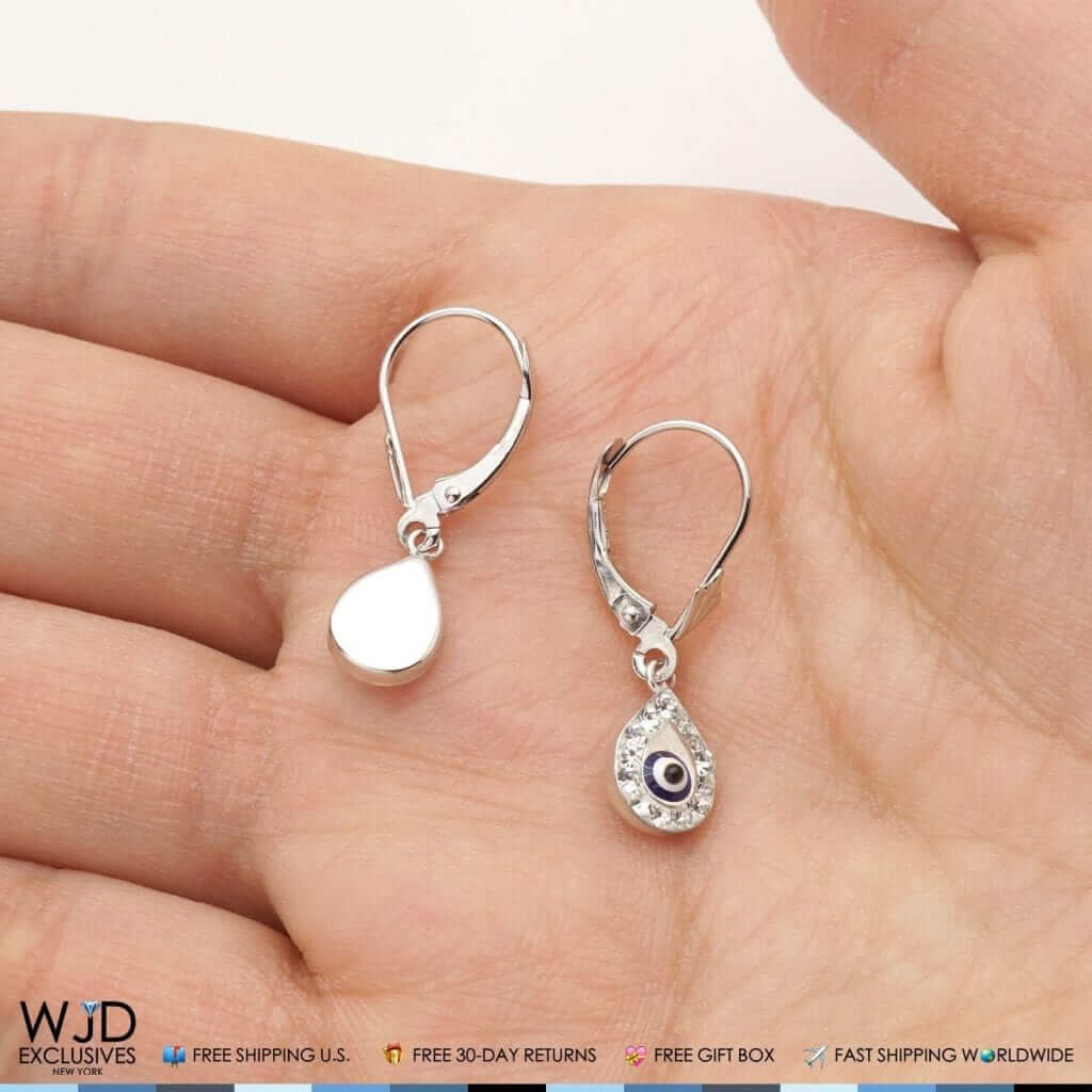14K White Gold CZ Evil Eye Teardrop Leverback Dangle Earrings