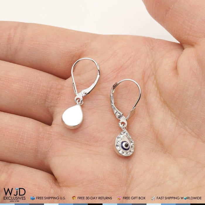 14K White Gold CZ Evil Eye Teardrop Leverback Dangle Earrings