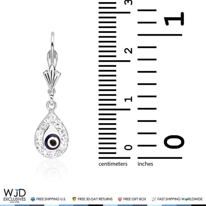 14K White Gold CZ Evil Eye Teardrop Leverback Dangle Earrings