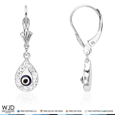 14K White Gold CZ Evil Eye Teardrop Leverback Dangle Earrings