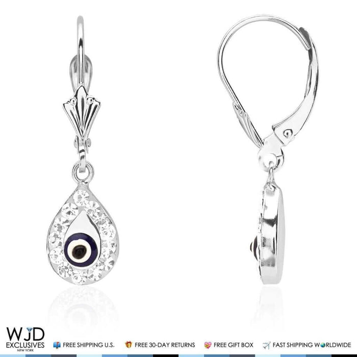 14K White Gold CZ Evil Eye Teardrop Leverback Dangle Earrings