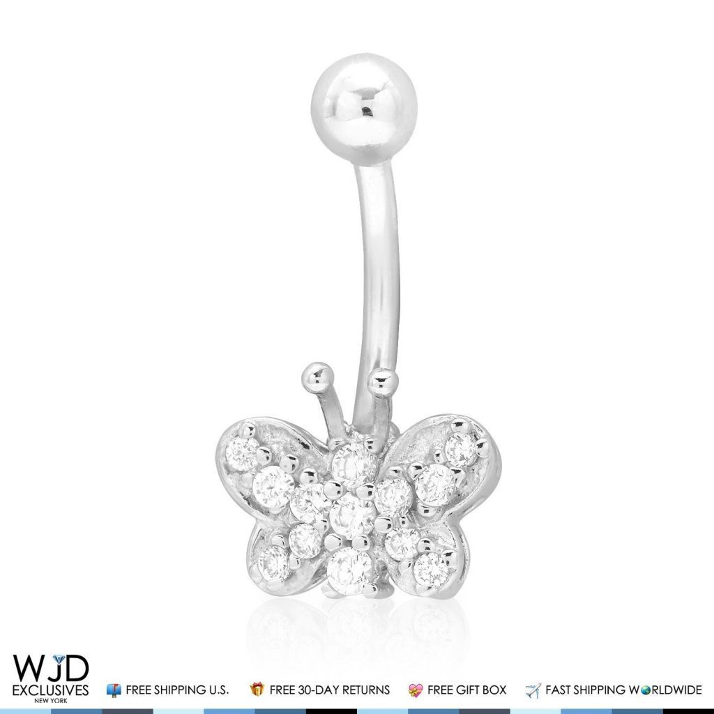 14K Real Gold White CZ Butterfly Navel Belly Button Ring