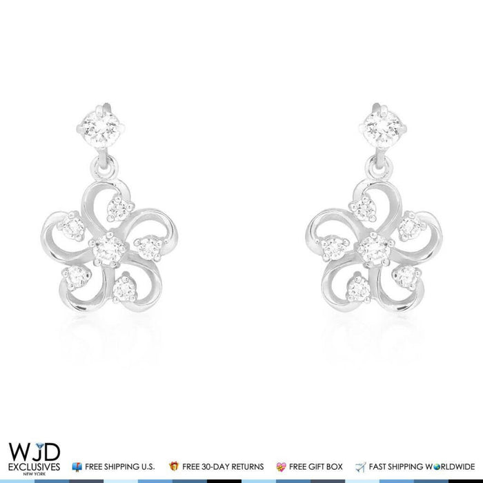 14K White Gold 0.40CTW CZ Flower Dangle Earrings