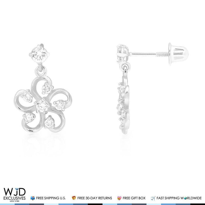 14K White Gold 0.40CTW CZ Flower Dangle Earrings