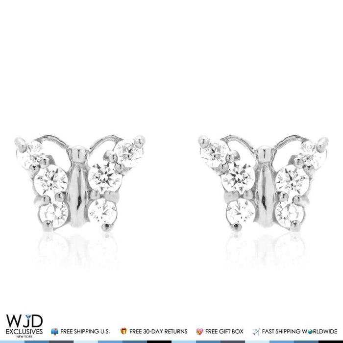 14K White Gold CZ Butterfly Baby Screw Back Stud Kids Earrings