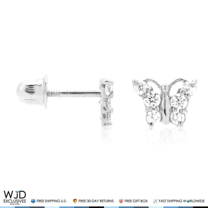 14K White Gold CZ Butterfly Baby Screw Back Stud Kids Earrings