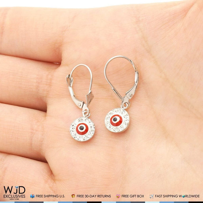 14K White Gold CZ Red Evil Eye Round Dangle Leverback Earrings