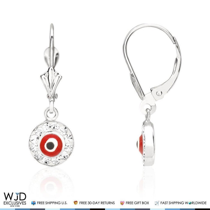 14K White Gold CZ Red Evil Eye Round Dangle Leverback Earrings