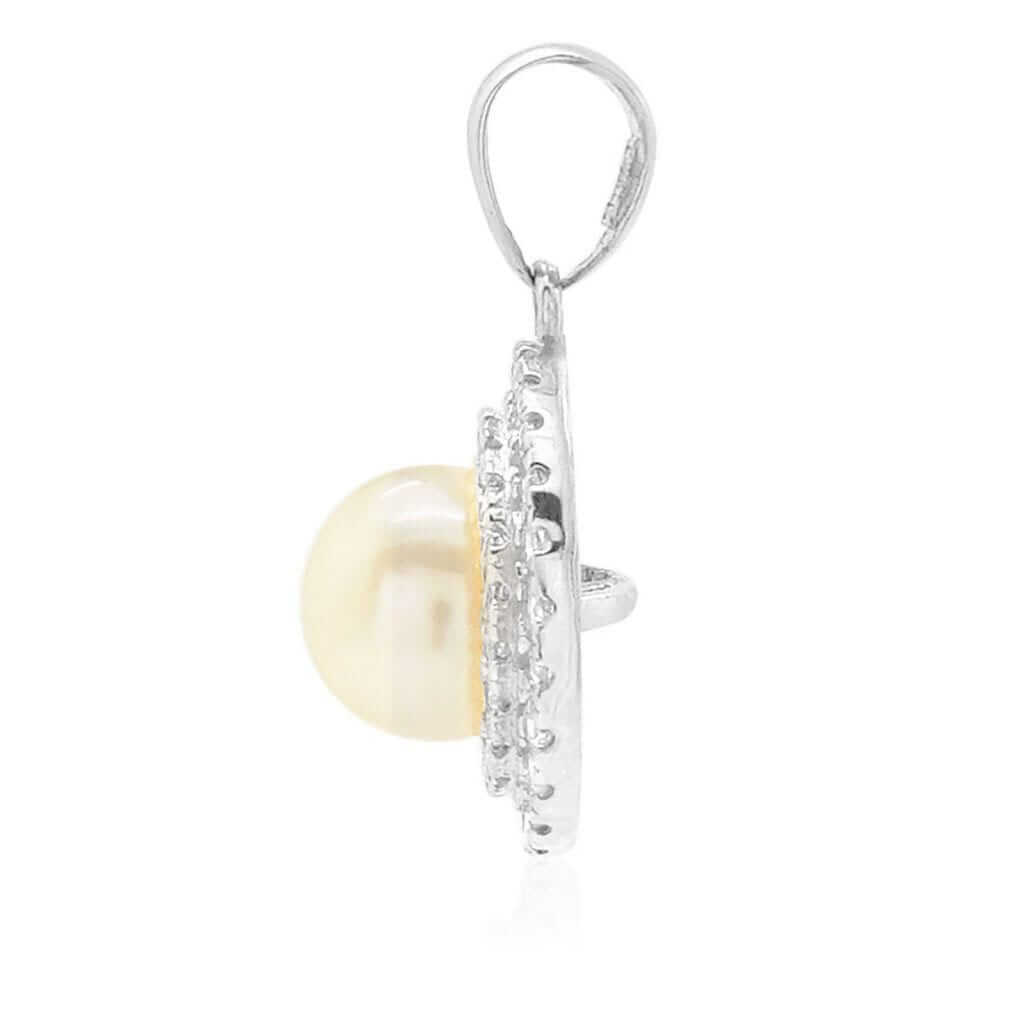 14K Gold 0.60Ct CZ Cultured Pearl Halo Pendant 0.71"
