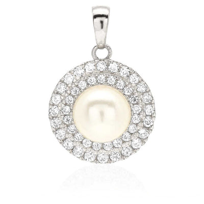 14K Gold 0.60Ct CZ Cultured Pearl Halo Pendant 0.71"