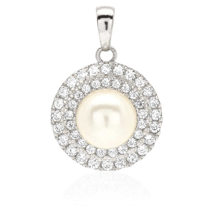 14K Gold 0.60Ct CZ Cultured Pearl Halo Pendant 0.71"