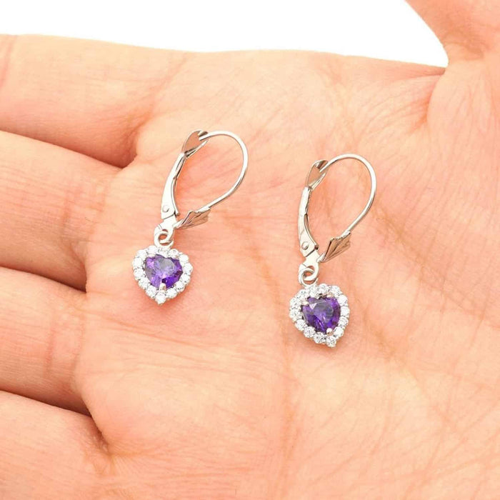 14K White Gold Halo Heart Birthstone Dangle Leverback Earrings