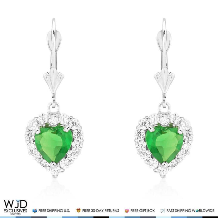 14K White Gold 0.85 Ct CZ Emerald Heart Dangle Leverback Earrings
