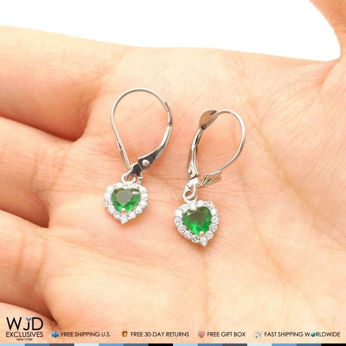 14K White Gold 0.85 Ct CZ Emerald Heart Dangle Leverback Earrings