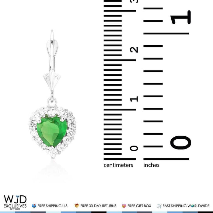 14K White Gold 0.85 Ct CZ Emerald Heart Dangle Leverback Earrings