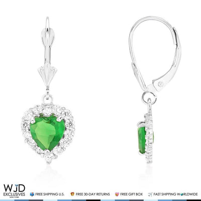 14K White Gold 0.85 Ct CZ Emerald Heart Dangle Leverback Earrings