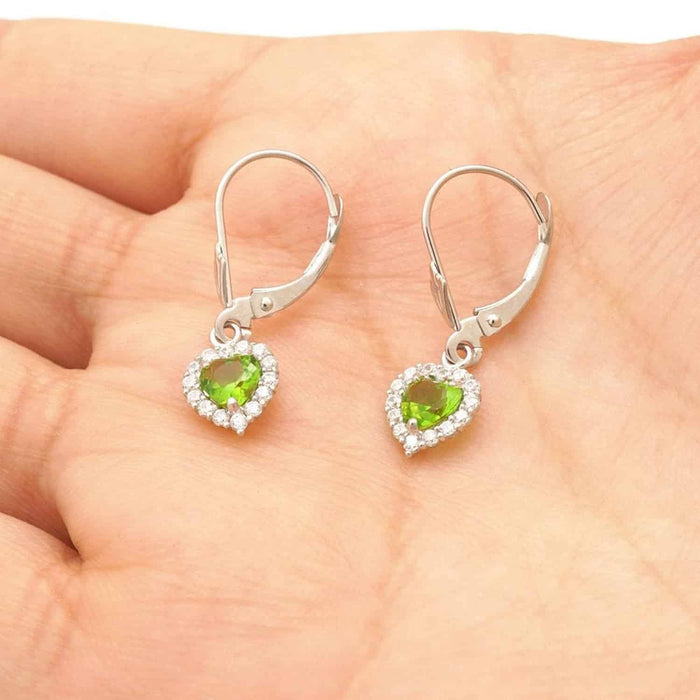 14K White Gold Halo Heart Birthstone Dangle Leverback Earrings