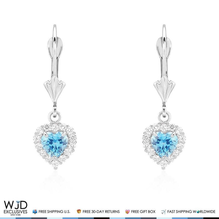 1Ct CZ 14K White Gold Blue Topaz Heart Dangle Leverback Earrings