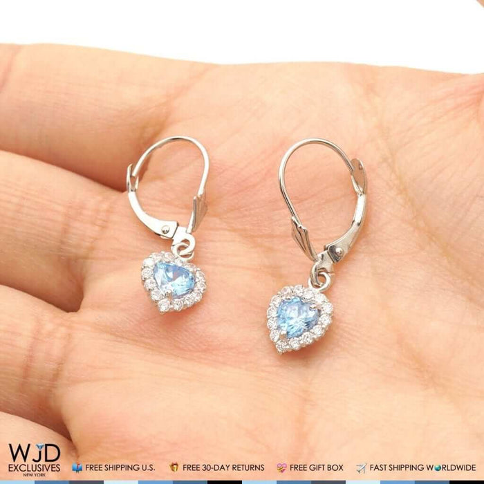 1Ct CZ 14K White Gold Blue Topaz Heart Dangle Leverback Earrings