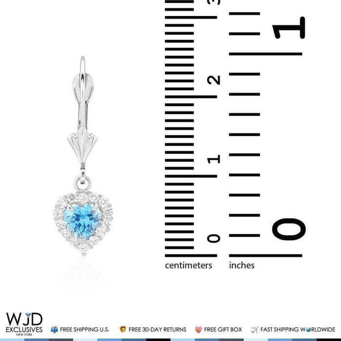 1Ct CZ 14K White Gold Blue Topaz Heart Dangle Leverback Earrings