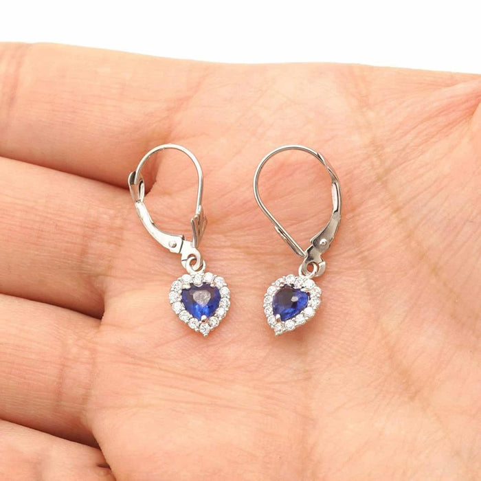 14K White Gold Halo Heart Birthstone Dangle Leverback Earrings