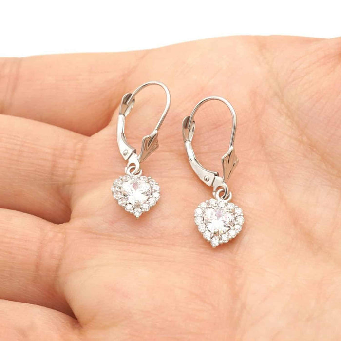 14K White Gold Halo Heart Birthstone Dangle Leverback Earrings