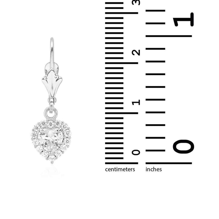14K White Gold Halo Heart Birthstone Dangle Leverback Earrings