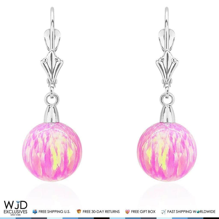 6mm-10mm Ball Shaped Pink Fire Opal Leverback Dangle Earrings 14K White Gold