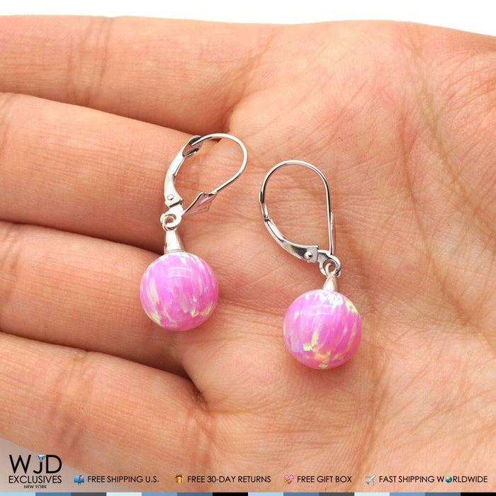 6mm-10mm Ball Shaped Pink Fire Opal Leverback Dangle Earrings 14K White Gold