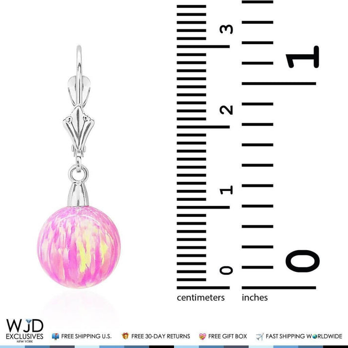 6mm-10mm Ball Shaped Pink Fire Opal Leverback Dangle Earrings 14K White Gold