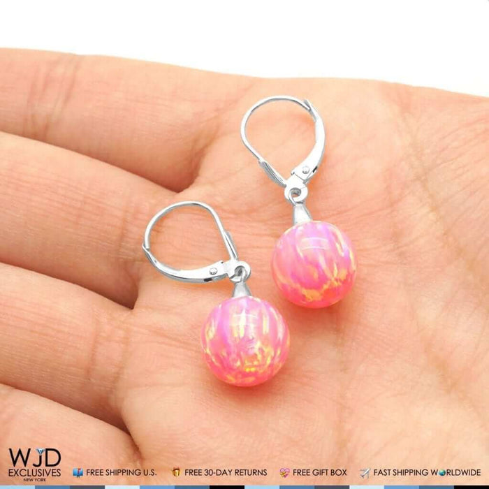 6mm-10mm Ball Peach Pink Fire Opal Leverback Dangle Earrings 14K White Gold