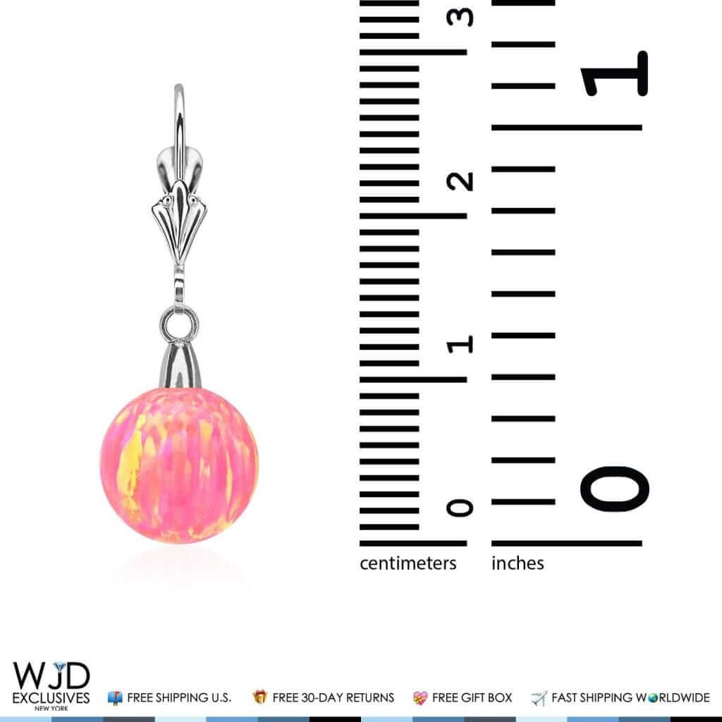 6mm-10mm Ball Peach Pink Fire Opal Leverback Dangle Earrings 14K White Gold