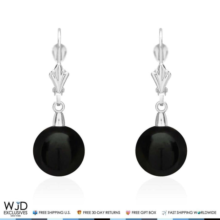6mm-10mm Diameter Ball Shaped Onyx Dangle Leverback Earrings 14K White Gold