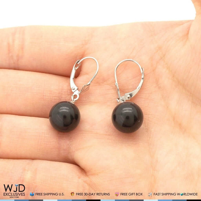 6mm-10mm Diameter Ball Shaped Onyx Dangle Leverback Earrings 14K White Gold