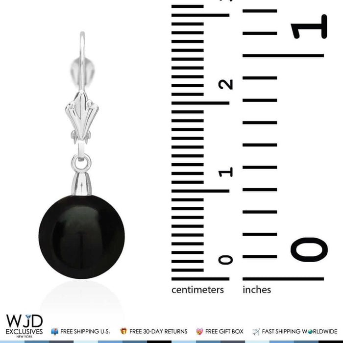 6mm-10mm Diameter Ball Shaped Onyx Dangle Leverback Earrings 14K White Gold