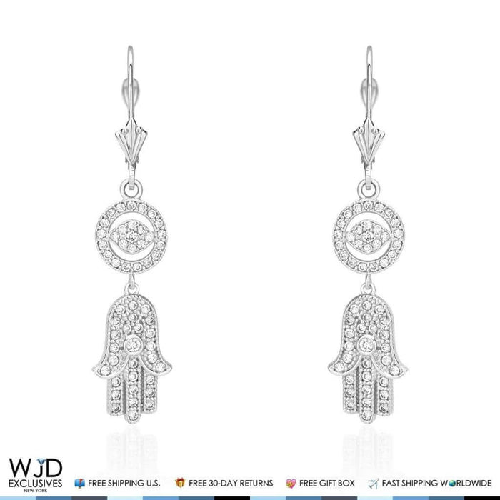 1.10Ct CZ 14K White Gold Hamsa Evil Eye Dangle Leverback Earrings