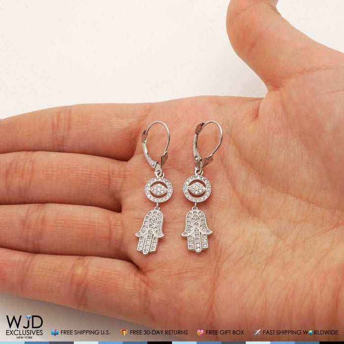 1.10Ct CZ 14K White Gold Hamsa Evil Eye Dangle Leverback Earrings
