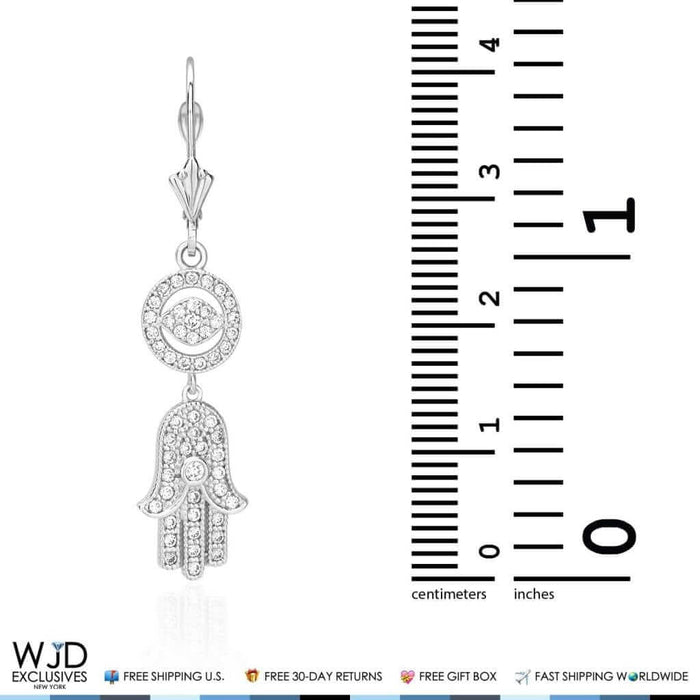 1.10Ct CZ 14K White Gold Hamsa Evil Eye Dangle Leverback Earrings
