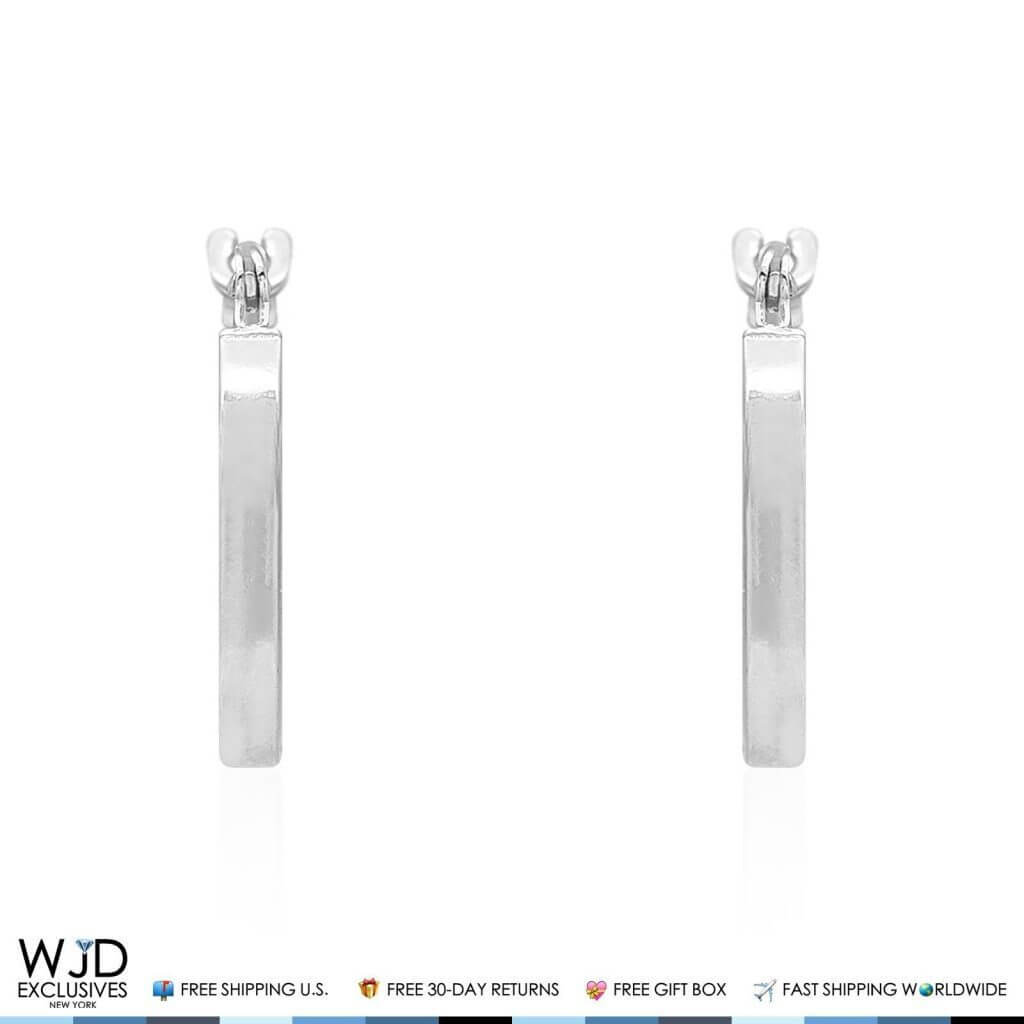 14K White Gold 14mm Diamond-Cut Snap Closure Hoop Earrings