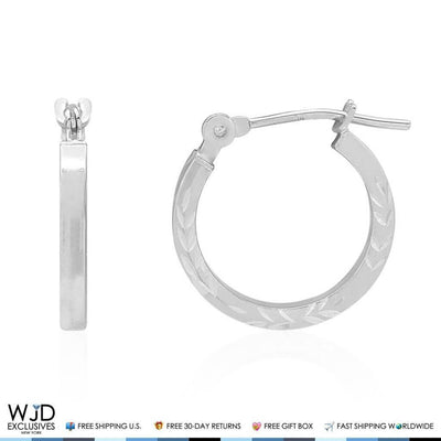 14K White Gold 14mm Diamond-Cut Snap Closure Hoop Earrings