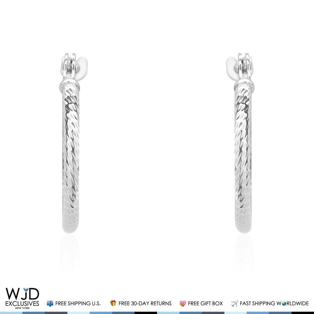 14K Solid White Gold 14mm Diameter Snap Closure Twisted Rope Style Hoop Earrings