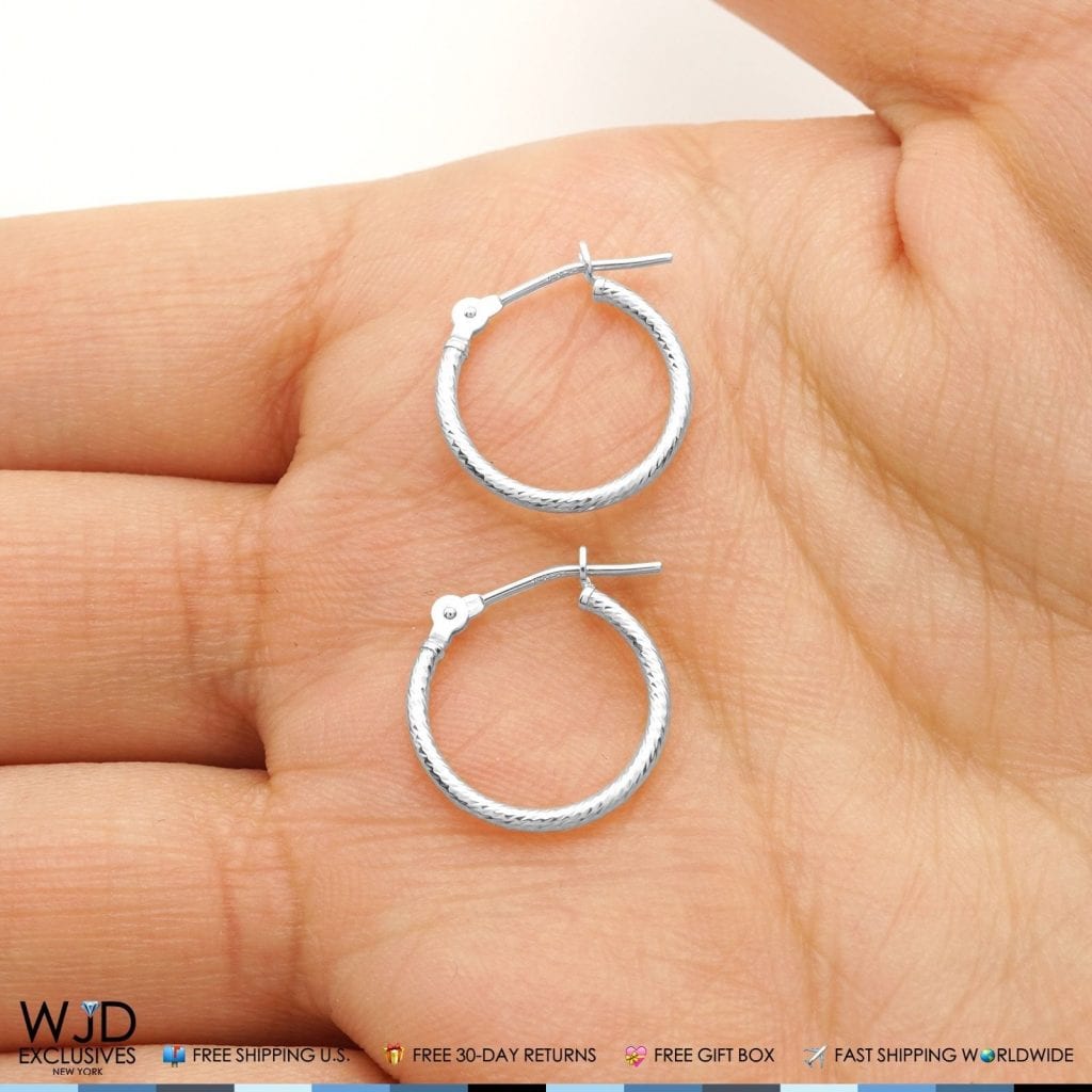 14K Solid White Gold 14mm Diameter Snap Closure Twisted Rope Style Hoop Earrings