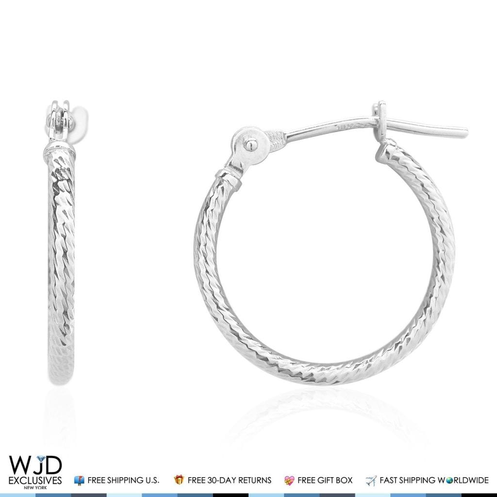 14K Solid White Gold 14mm Diameter Snap Closure Twisted Rope Style Hoop Earrings