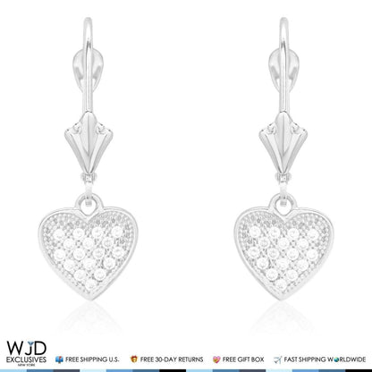 14K White Gold CZ Pave Heart Dangle Leverback Earrings 1"