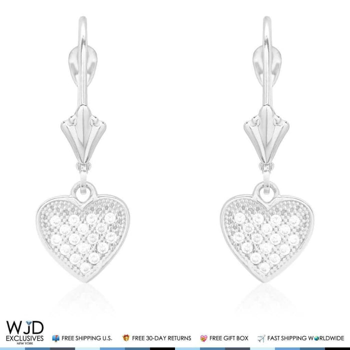 14K White Gold CZ Pave Heart Dangle Leverback Earrings 1"