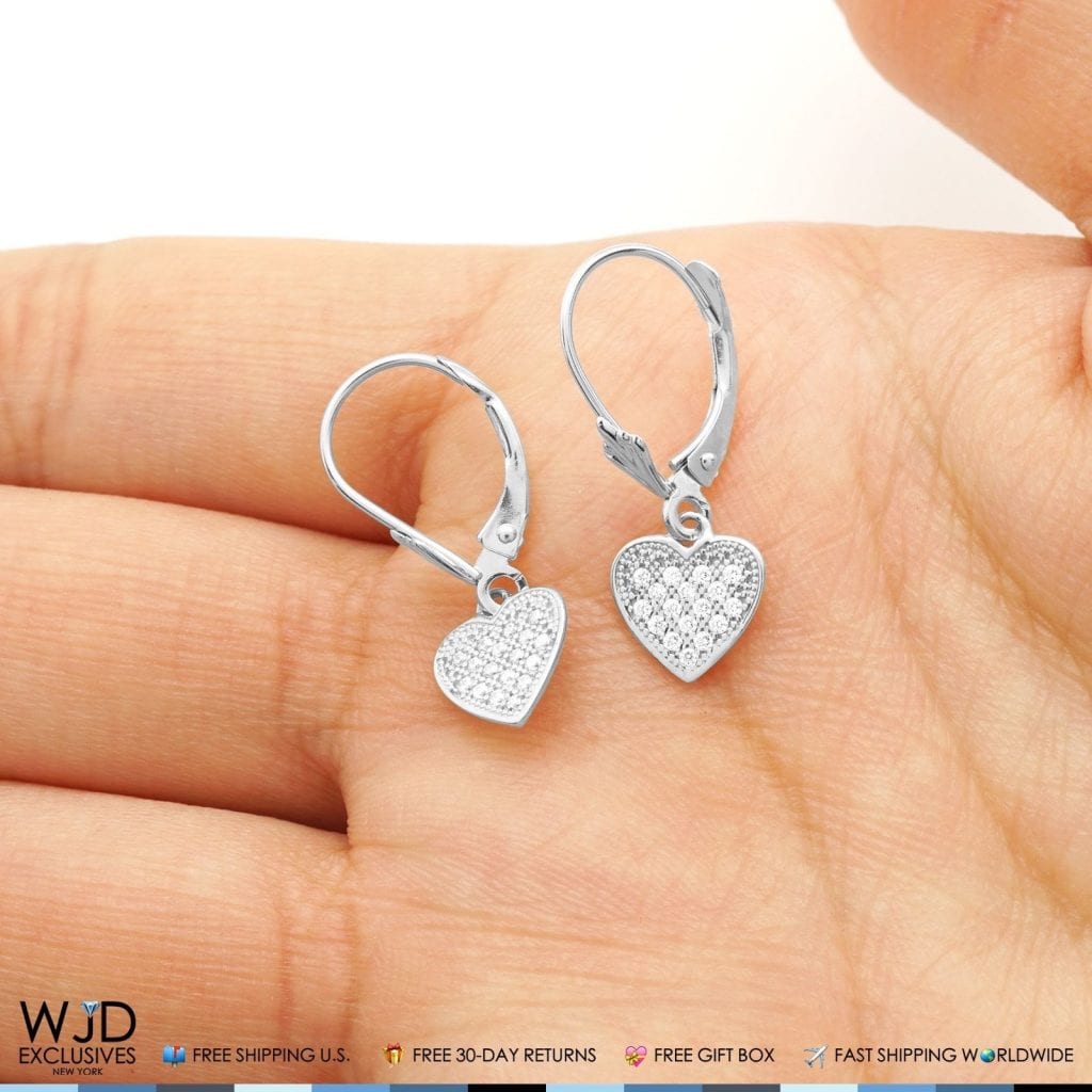 14K White Gold CZ Pave Heart Dangle Leverback Earrings 1"