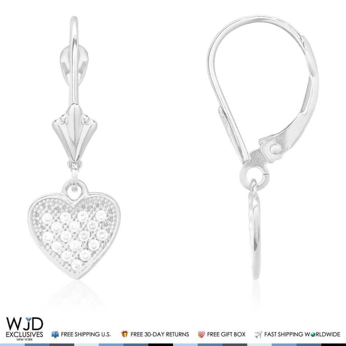 14K White Gold CZ Pave Heart Dangle Leverback Earrings 1"